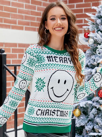 Woochic pull de Noël tricoté motif de visage souriant vert S